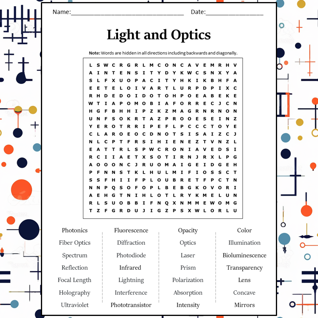 Light And Optics Word Search Puzzle Worksheet Activity PDF