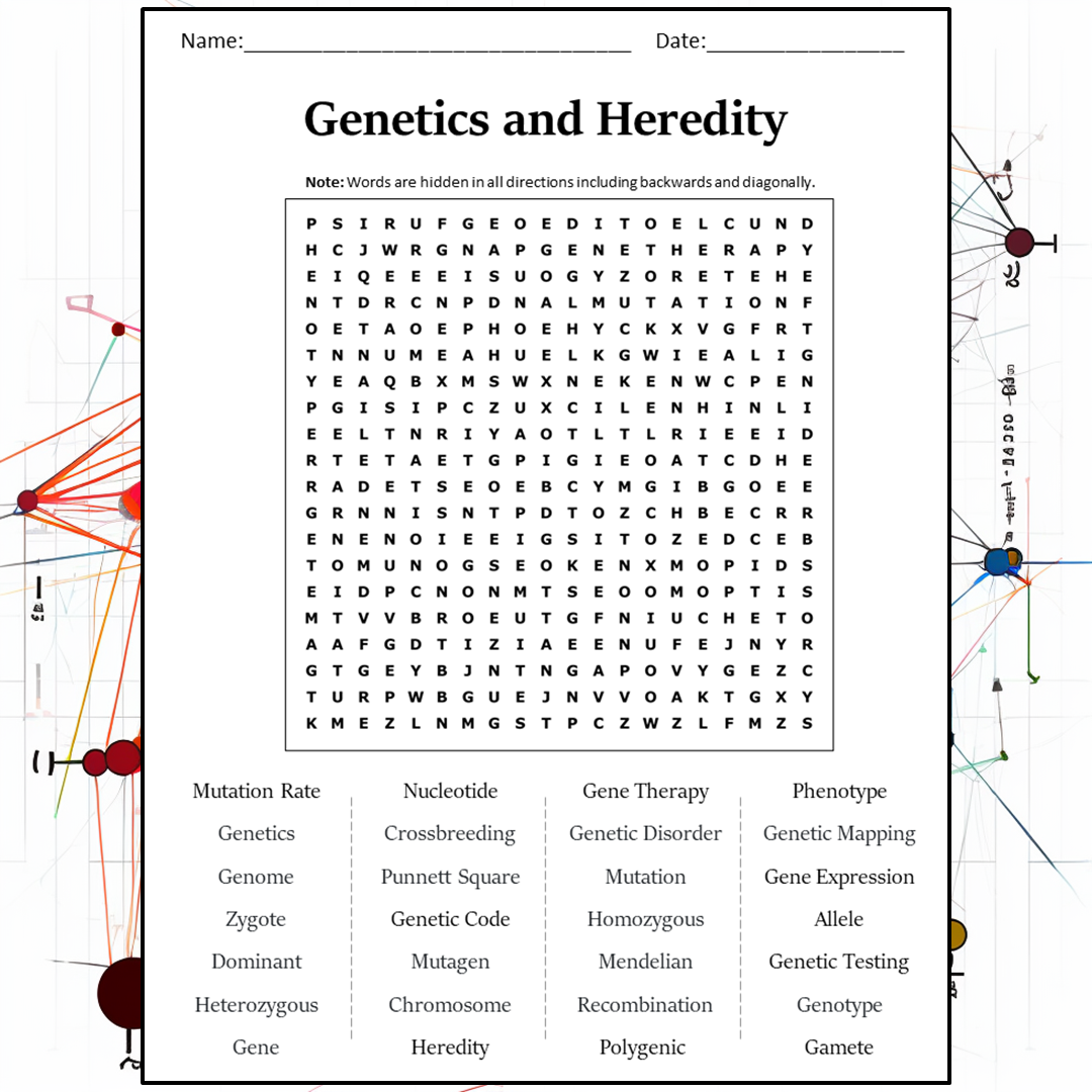 Genetics And Heredity Word Search Puzzle Worksheet Activity PDF