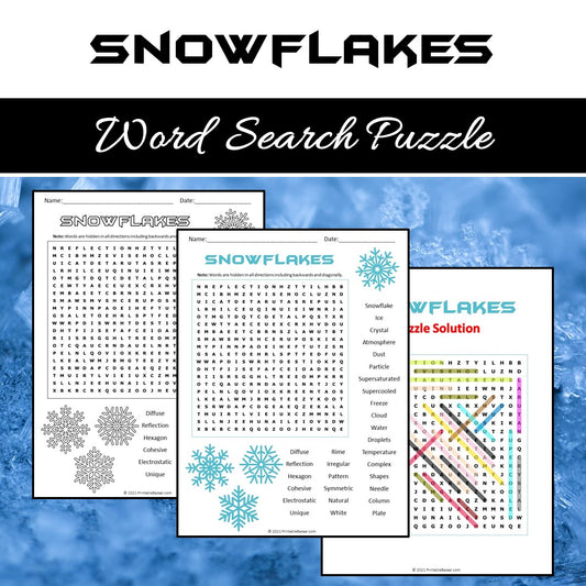 Snowflakes Word Search Puzzle Worksheet PDF
