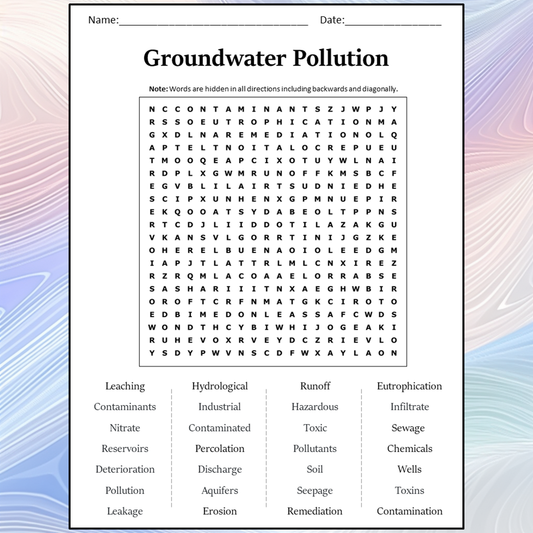 Groundwater Pollution Word Search Puzzle Worksheet Activity PDF