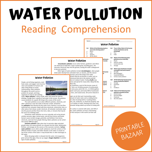 Water Pollution Reading Comprehension Passage and Questions | Printable PDF