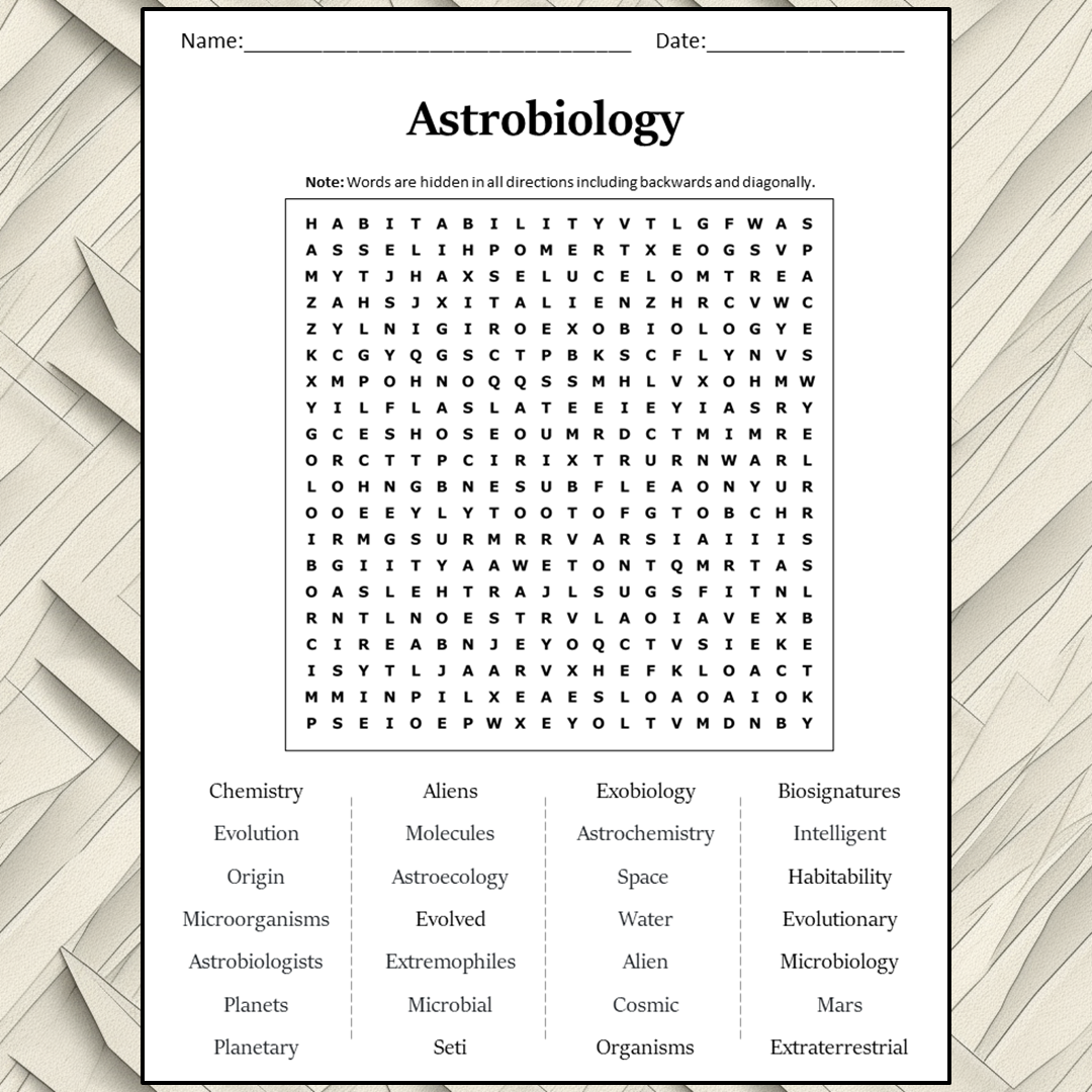 Astrobiology Word Search Puzzle Worksheet Activity PDF