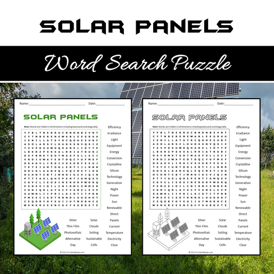 Solar Panels Word Search Puzzle Worksheet PDF