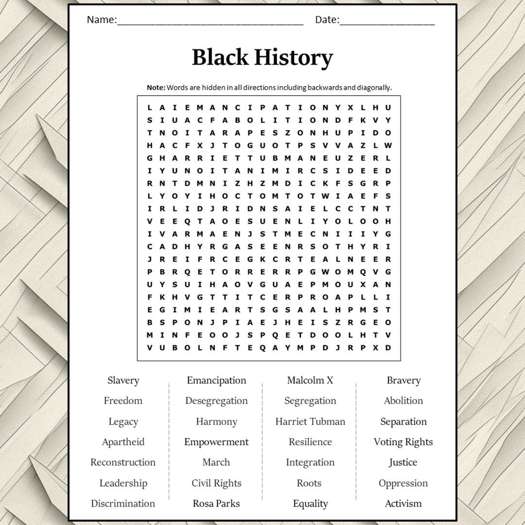 Black History Word Search Puzzle Worksheet Activity PDF