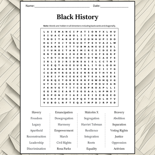 Black History Word Search Puzzle Worksheet Activity PDF