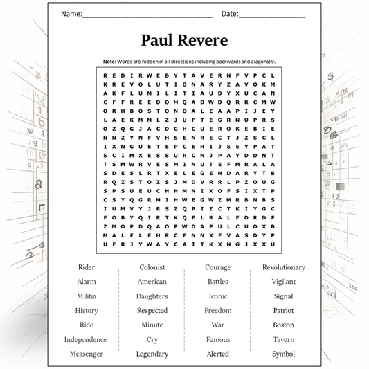 Paul Revere Word Search Puzzle Worksheet Activity PDF