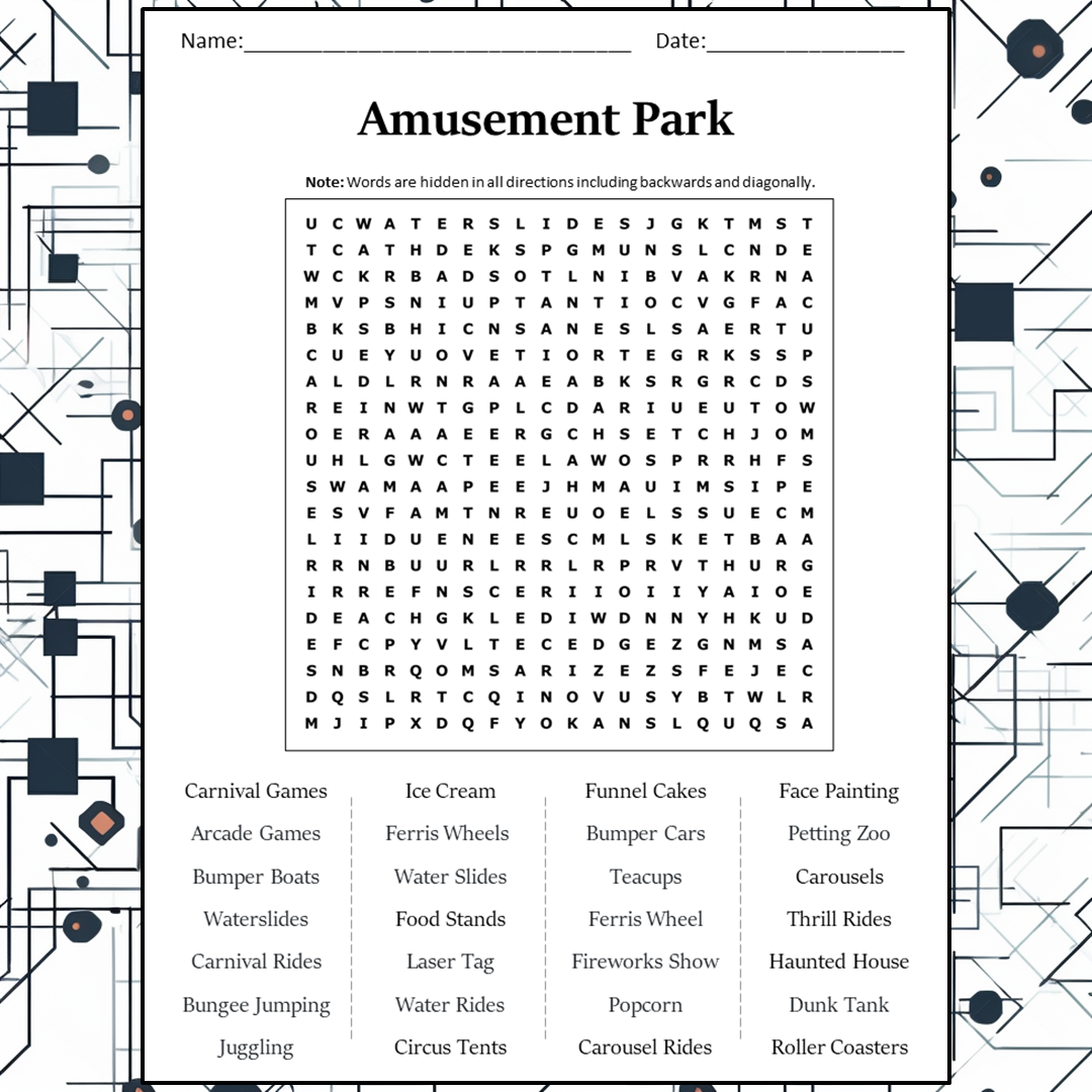 Amusement Park Word Search Puzzle Worksheet Activity PDF