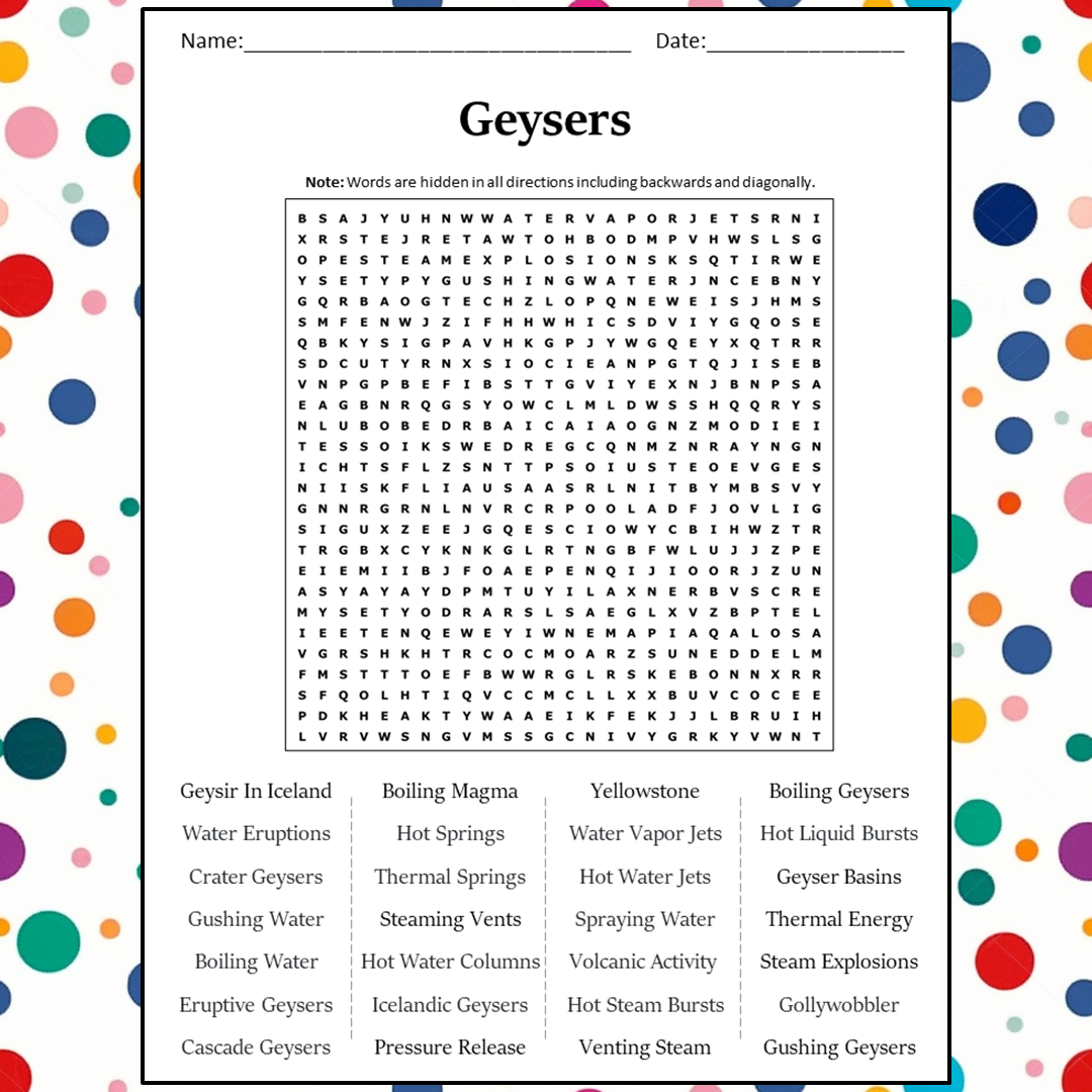 Geysers Word Search Puzzle Worksheet Activity PDF