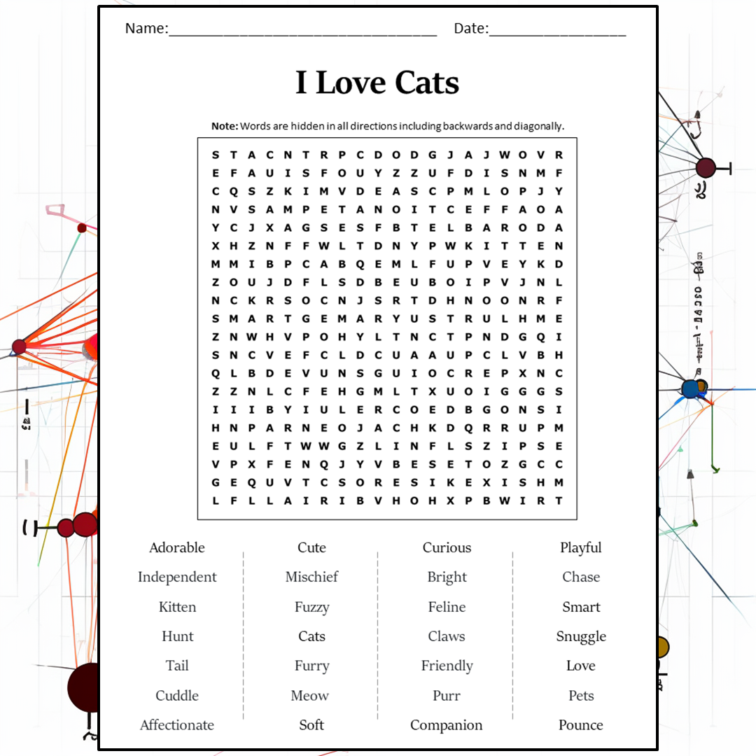 I Love Cats Word Search Puzzle Worksheet Activity PDF