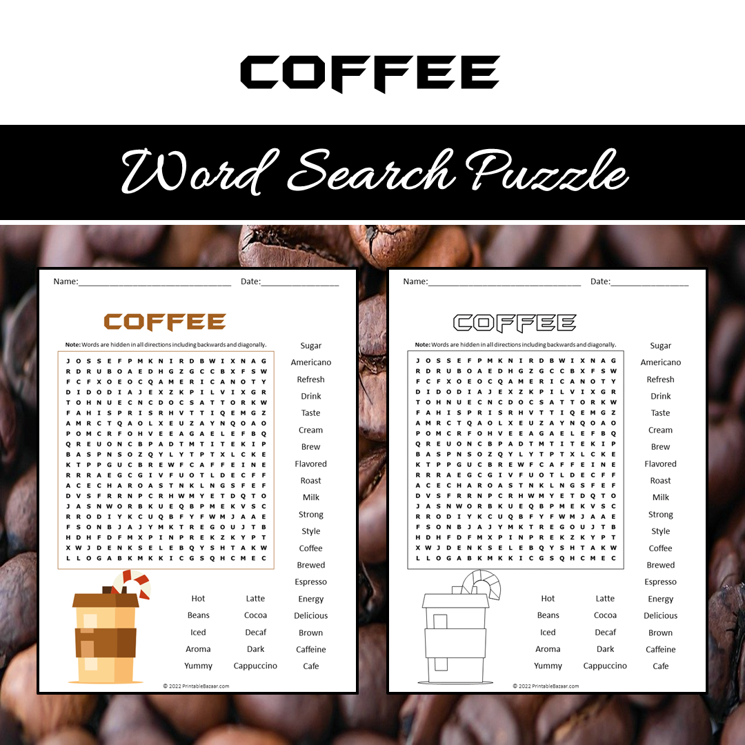 Coffee Word Search Puzzle Worksheet PDF