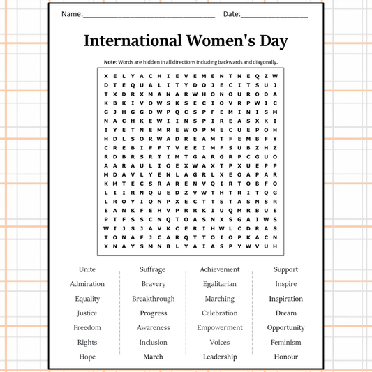 International Women's Day Word Search Puzzle Worksheet Activity PDF