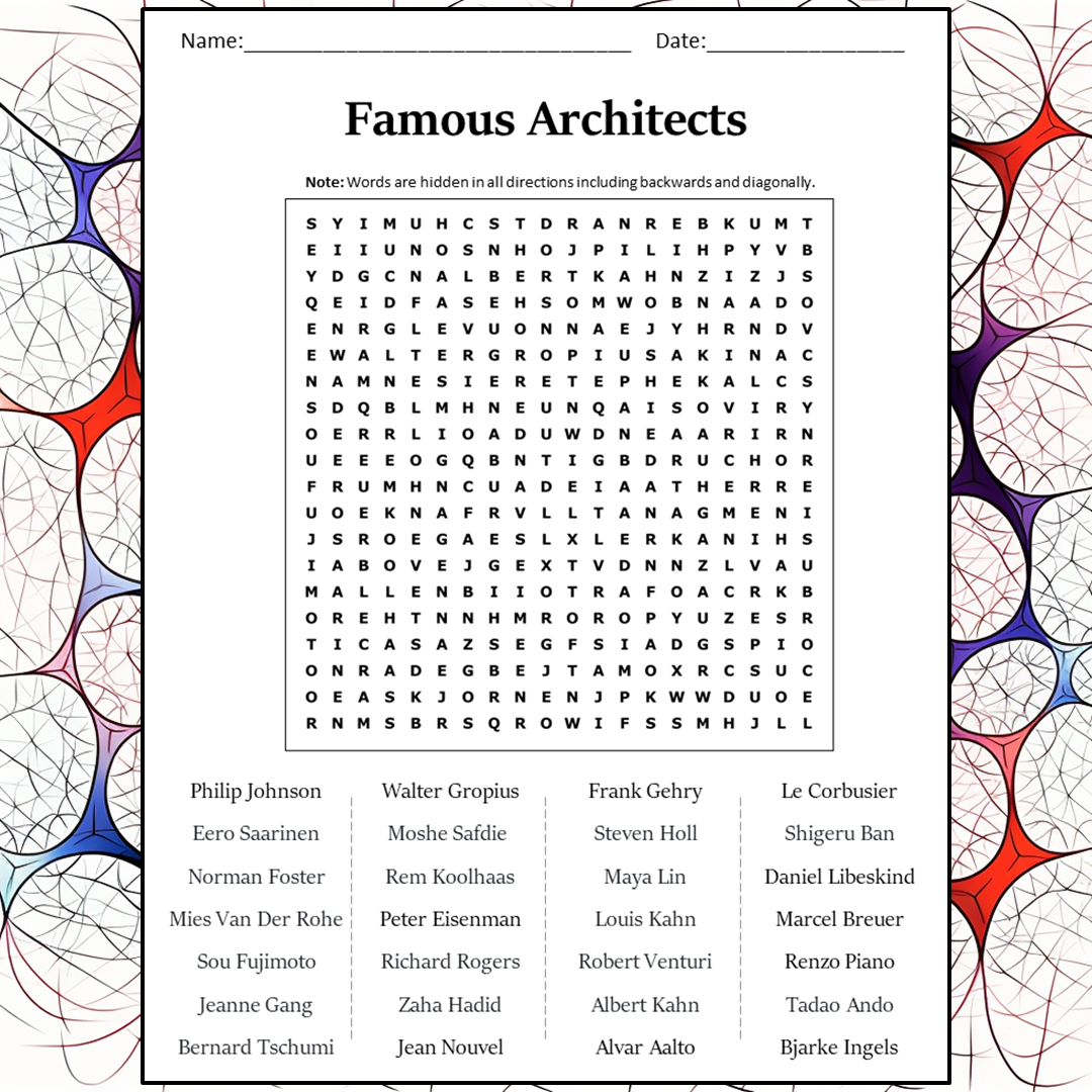 Famous Architects Word Search Puzzle Worksheet Activity PDF