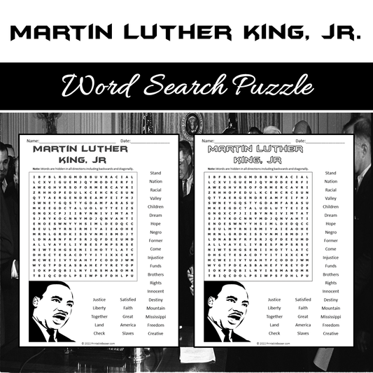 Martin luther king, jr Word Search Puzzle Worksheet PDF