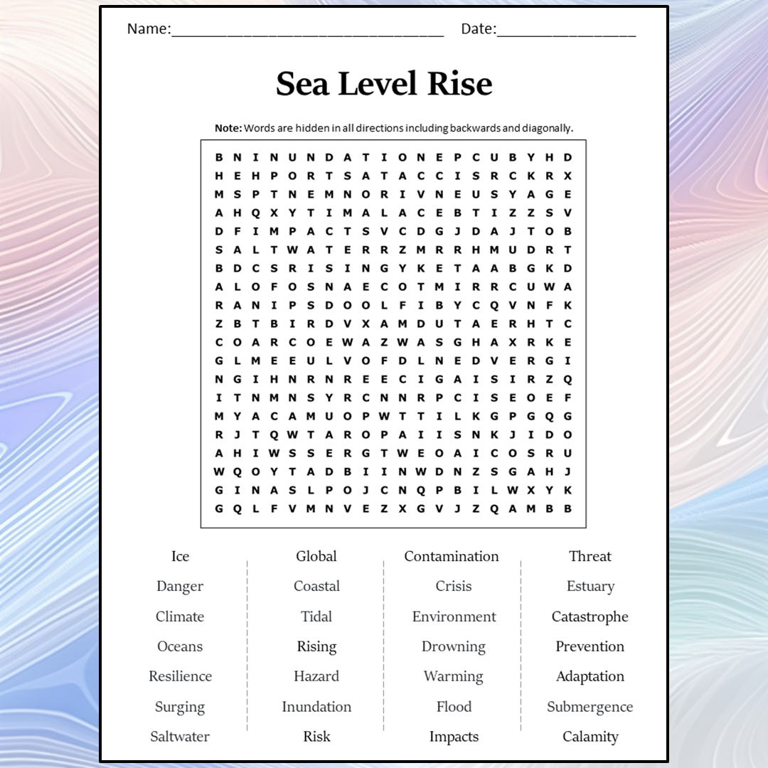 Sea Level Rise Word Search Puzzle Worksheet Activity PDF