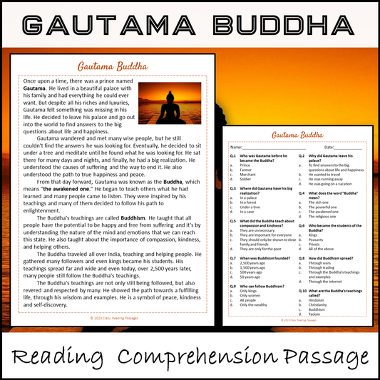 Gautama Buddha Reading Comprehension Passage and Questions | Printable PDF