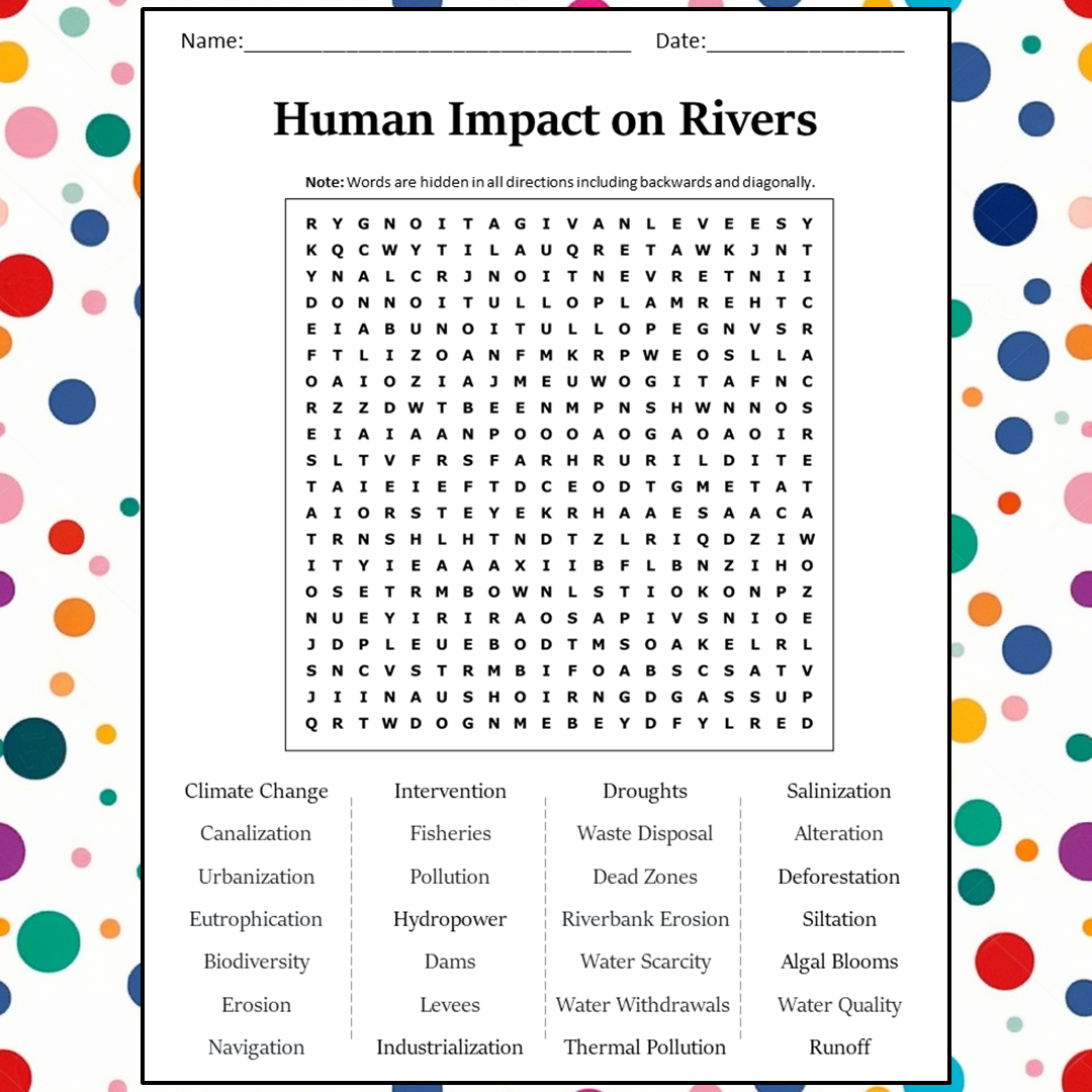 Human Impact On Rivers Word Search Puzzle Worksheet Activity PDF