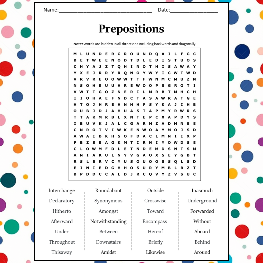 Prepositions Word Search Puzzle Worksheet Activity PDF