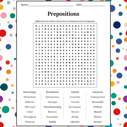 Prepositions Word Search Puzzle Worksheet Activity PDF