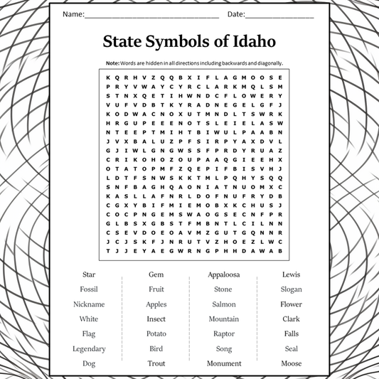 State Symbols Of Idaho Word Search Puzzle Worksheet Activity PDF