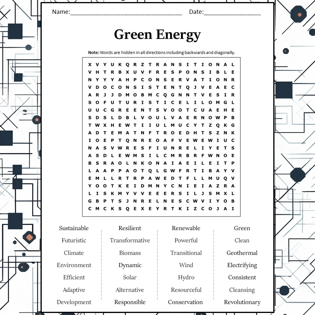 Green Energy Word Search Puzzle Worksheet Activity PDF