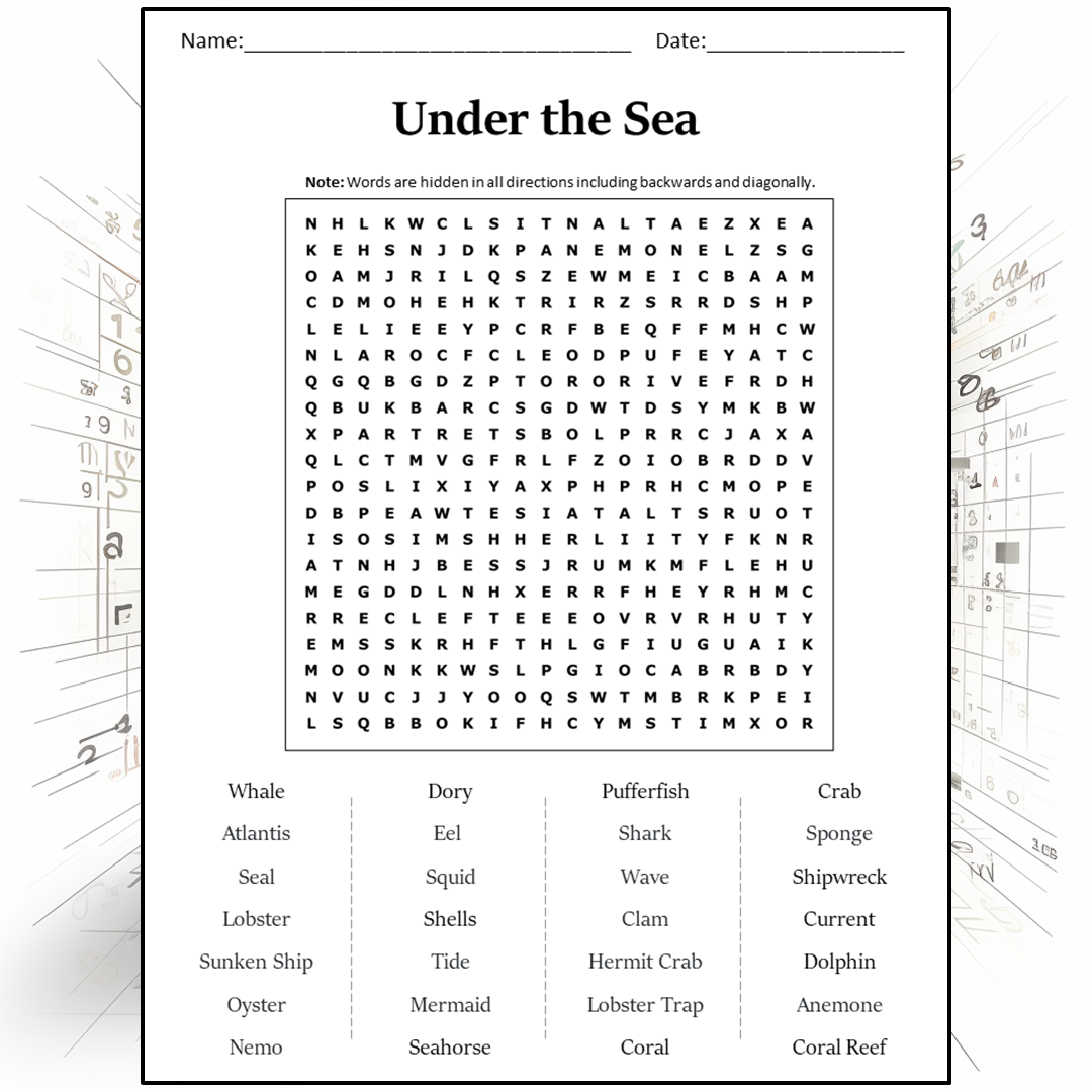 Under The Sea Word Search Puzzle Worksheet Activity PDF – PrintableBazaar