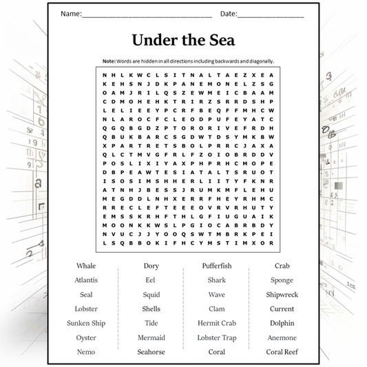 Under The Sea Word Search Puzzle Worksheet Activity PDF