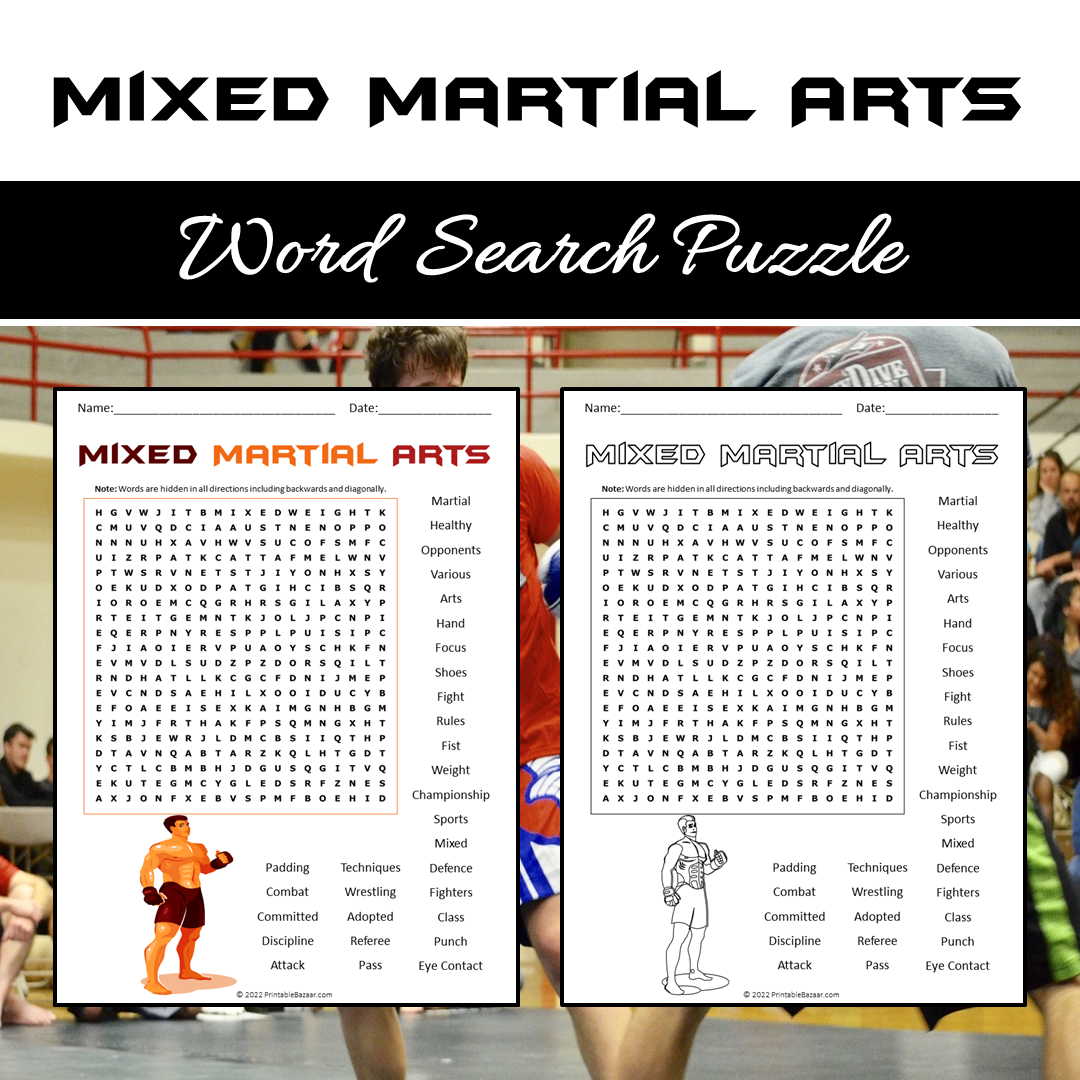 Mixed Martial Arts Word Search Puzzle Worksheet PDF