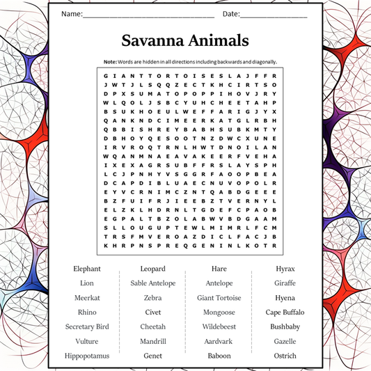 Savanna Animals Word Search Puzzle Worksheet Activity PDF