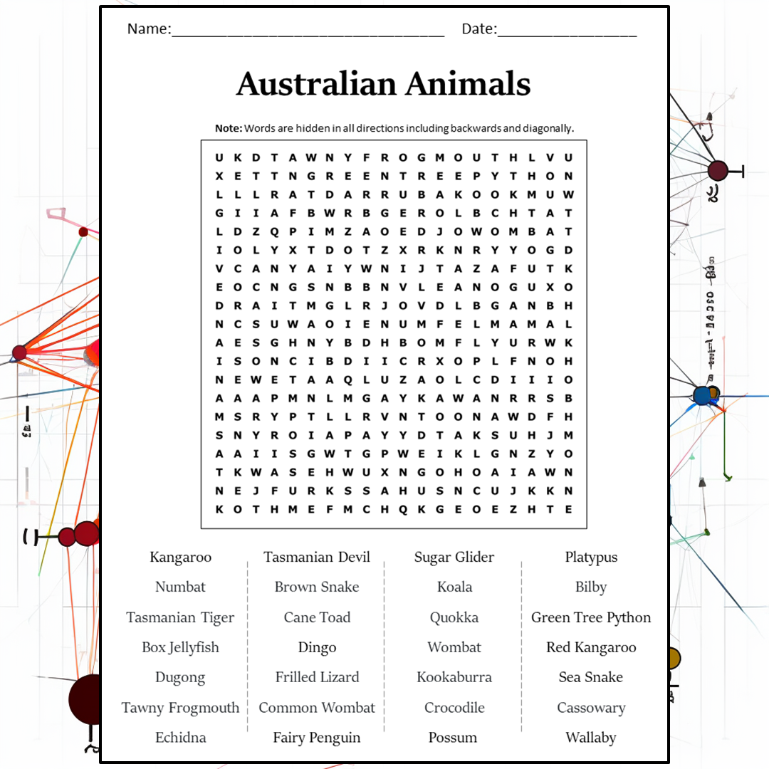 Australian Animals Word Search Puzzle Worksheet Activity PDF