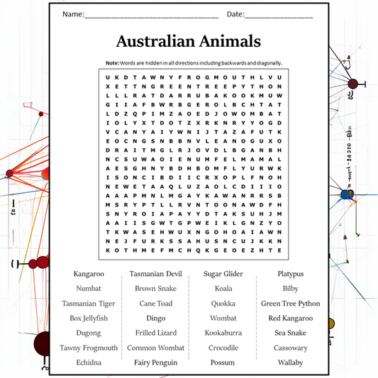 Australian Animals Word Search Puzzle Worksheet Activity PDF