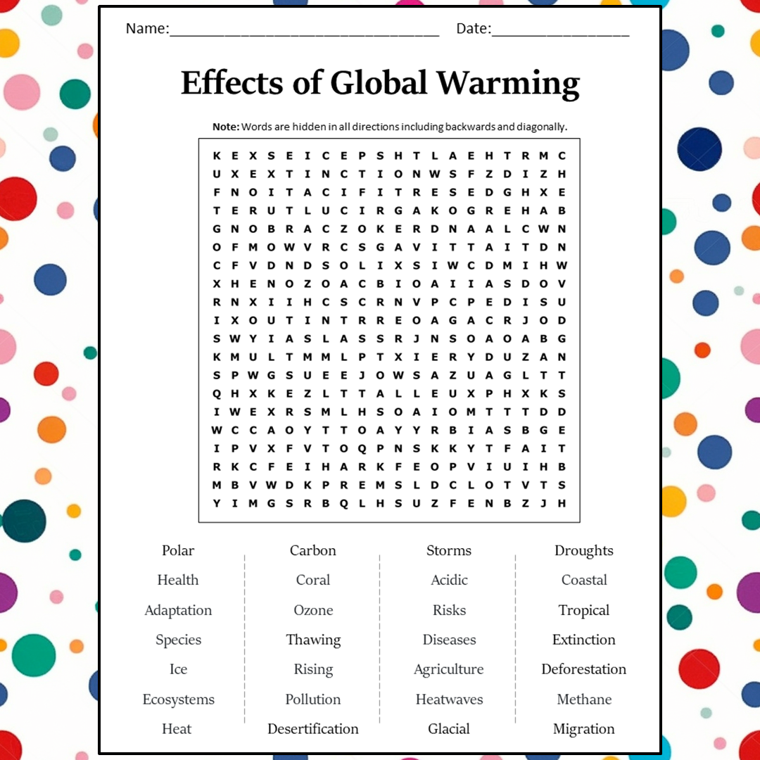 Effects Of Global Warming Word Search Puzzle Worksheet Activity PDF