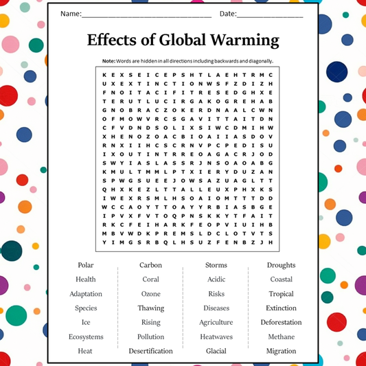 Effects Of Global Warming Word Search Puzzle Worksheet Activity PDF