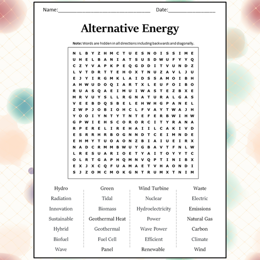 Alternative Energy Word Search Puzzle Worksheet Activity PDF