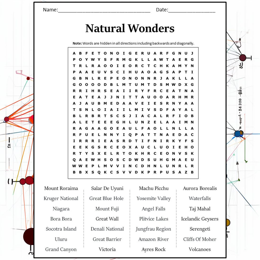 Natural Wonders Word Search Puzzle Worksheet Activity PDF