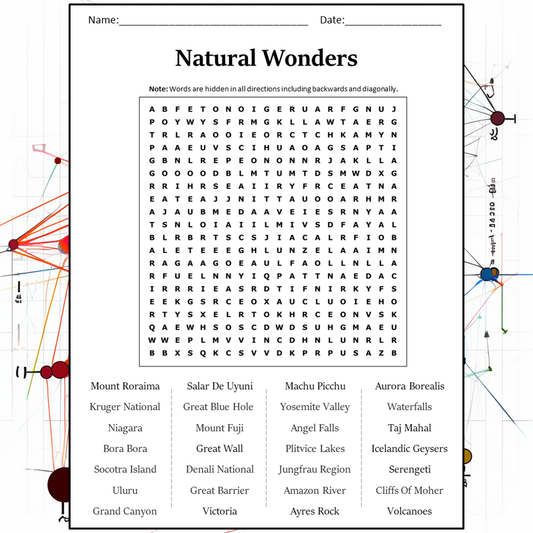 Natural Wonders Word Search Puzzle Worksheet Activity PDF