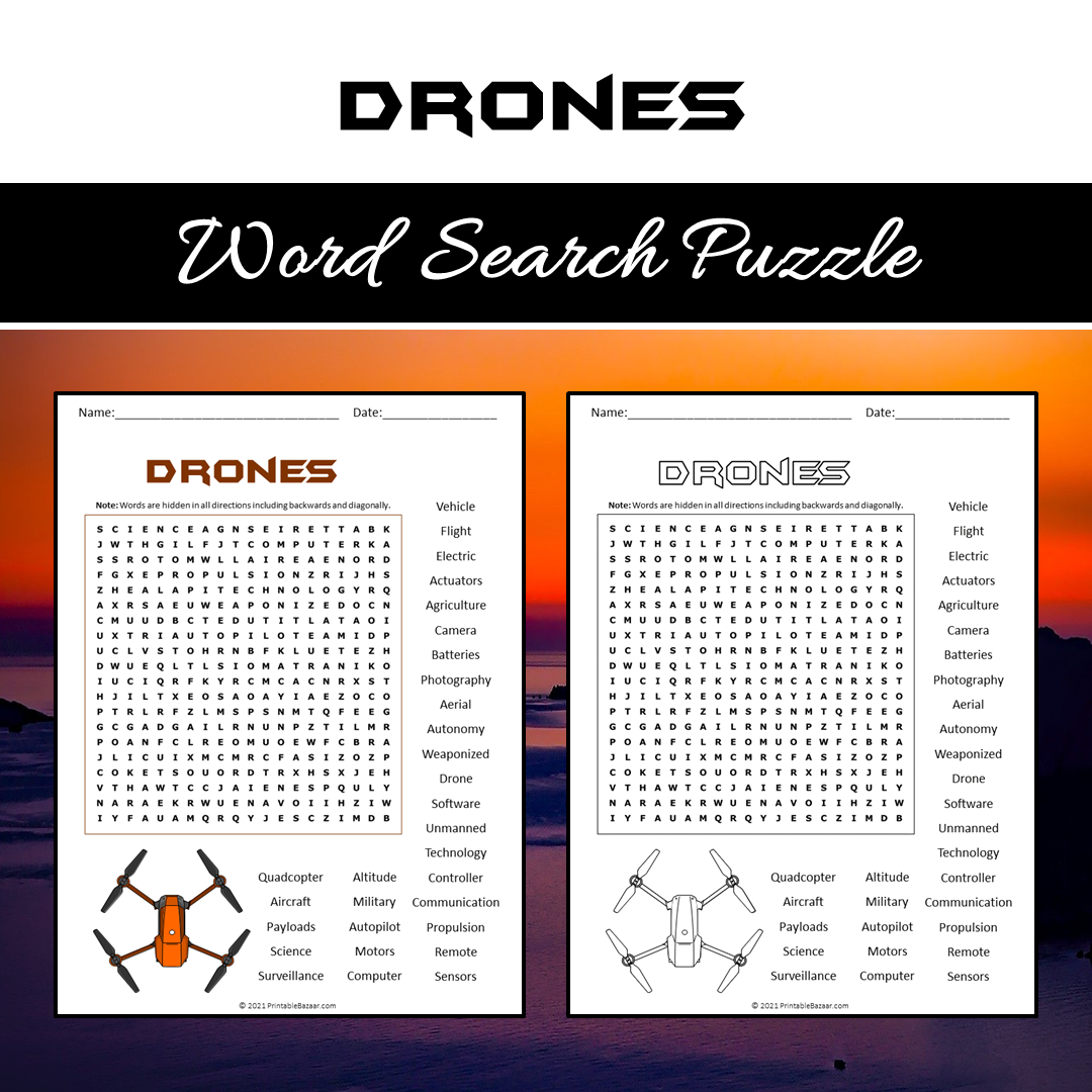 Drones Word Search Puzzle Worksheet PDF