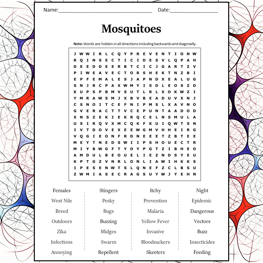 Mosquitoes Word Search Puzzle Worksheet Activity PDF