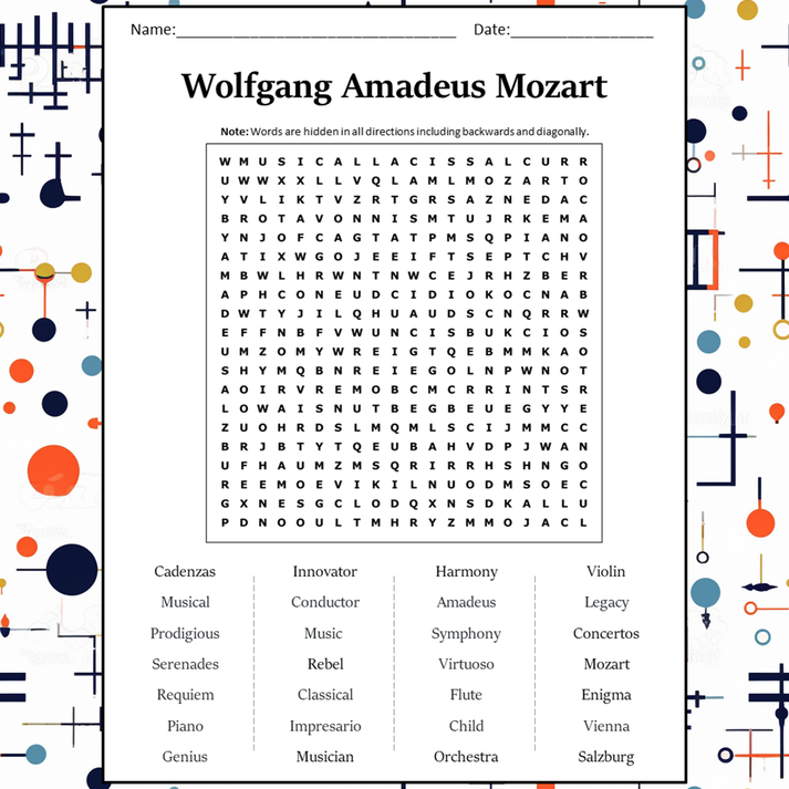 Wolfgang Amadeus Mozart Word Search Puzzle Worksheet Activity PDF ...