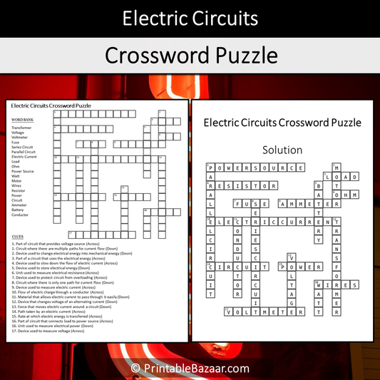 Electric Circuits Crossword Puzzle Worksheet Activity Printable PDF