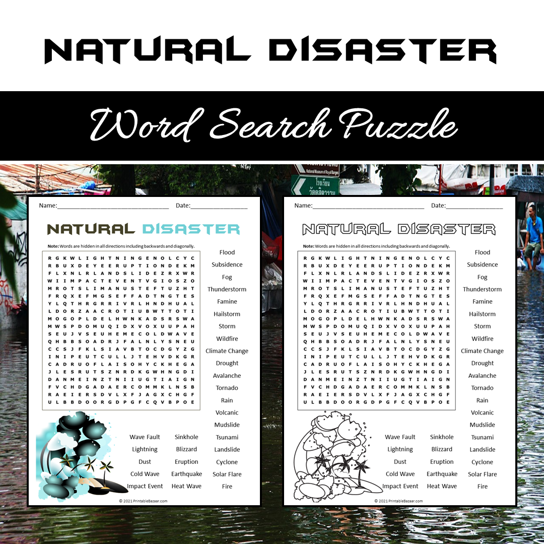 Natural Disaster Word Search Puzzle Worksheet PDF – PrintableBazaar