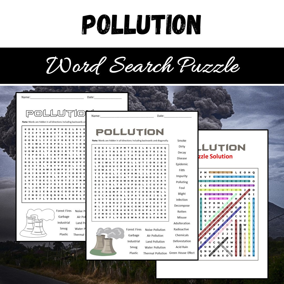 Pollution Word Search Puzzle Worksheet PDF