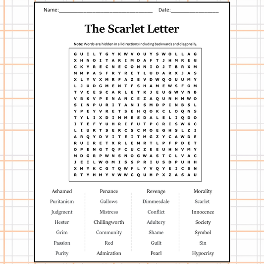 The Scarlet Letter Word Search Puzzle Worksheet Activity PDF