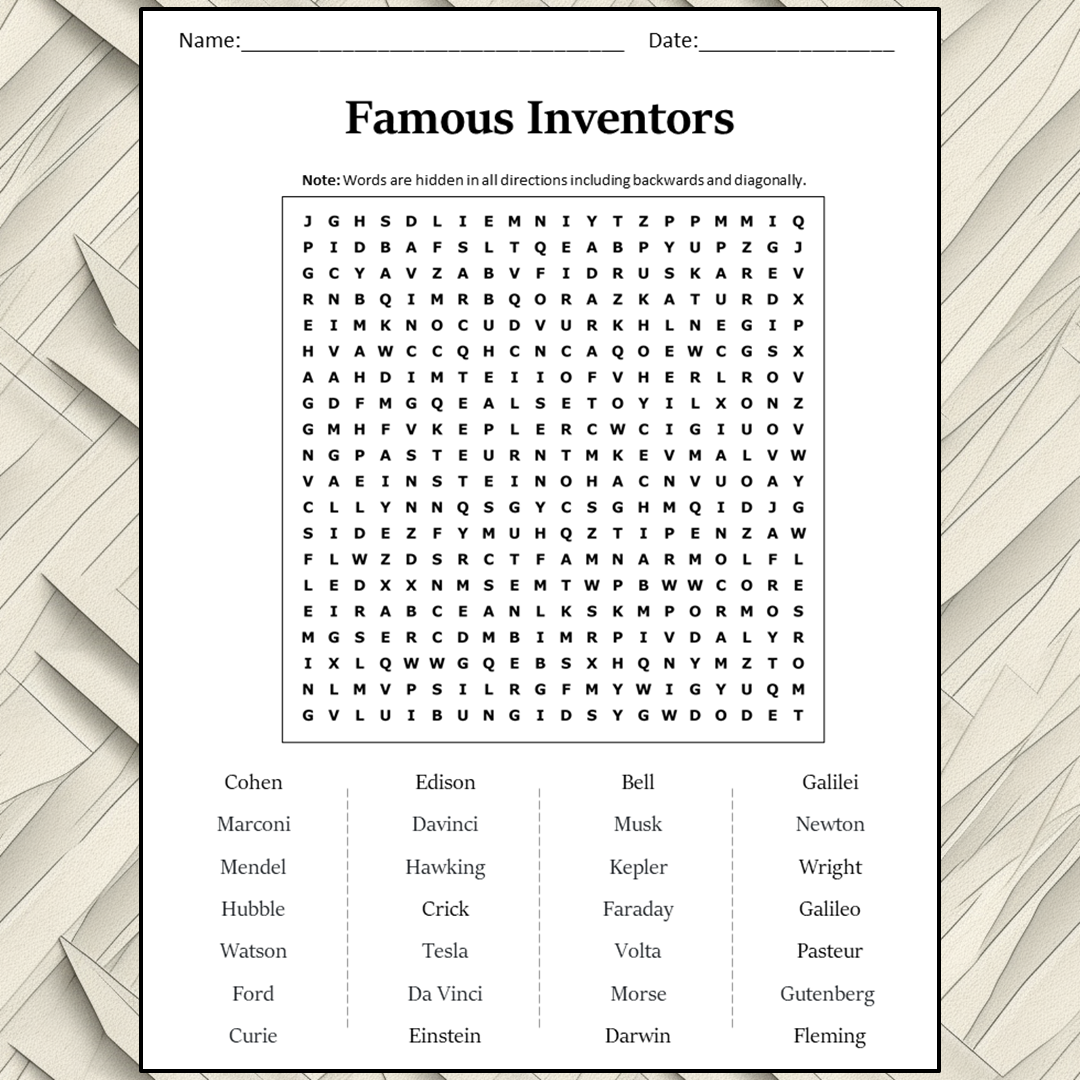 Famous Inventors Word Search Puzzle Worksheet Activity PDF