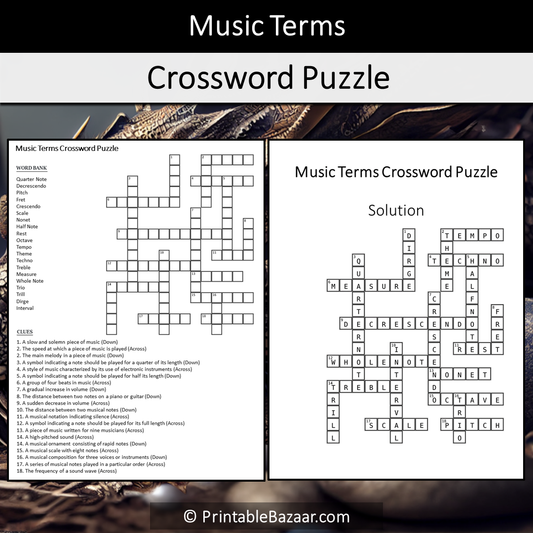 Music Terms Crossword Puzzle Worksheet Activity Printable PDF