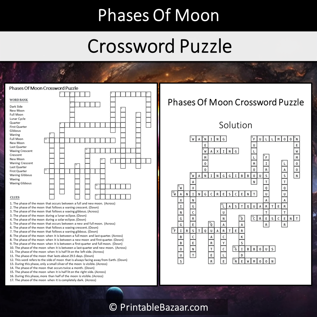 Phases Of Moon Crossword Puzzle Worksheet Activity Printable PDF