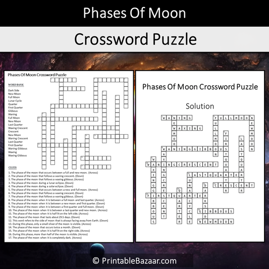 Phases Of Moon Crossword Puzzle Worksheet Activity Printable PDF