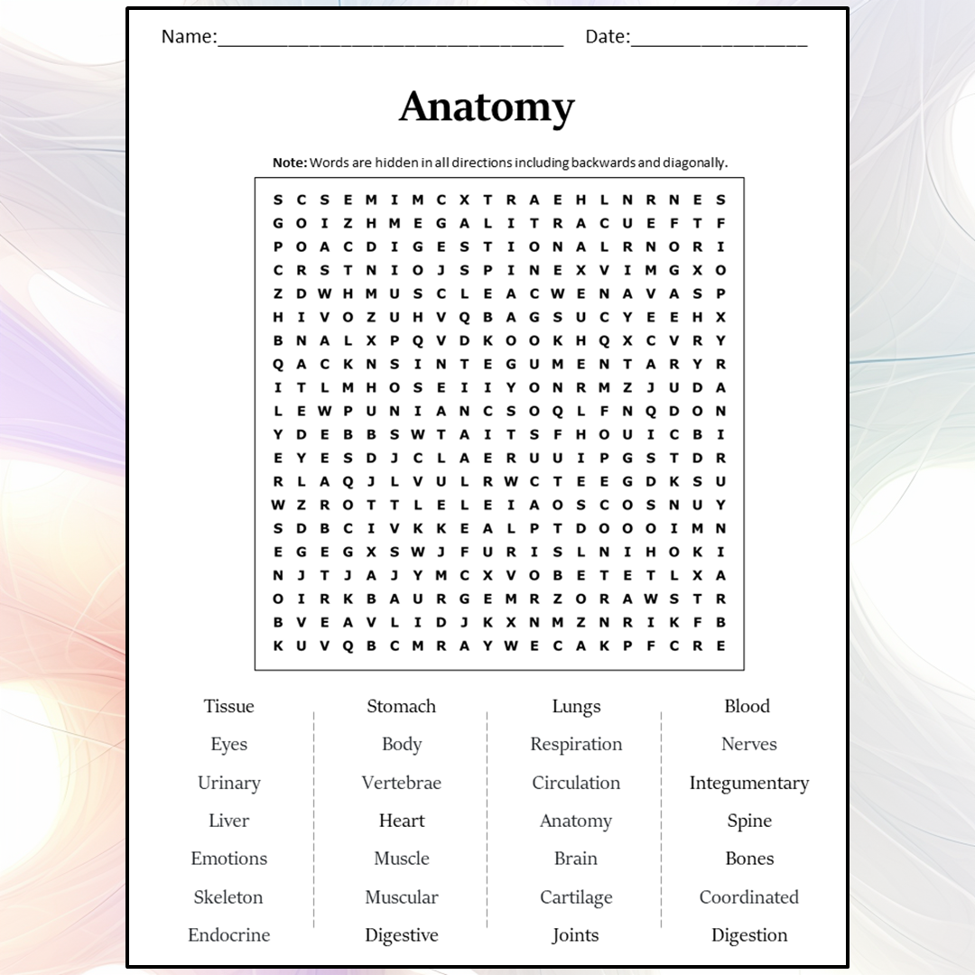 Anatomy Word Search Puzzle Worksheet Activity PDF