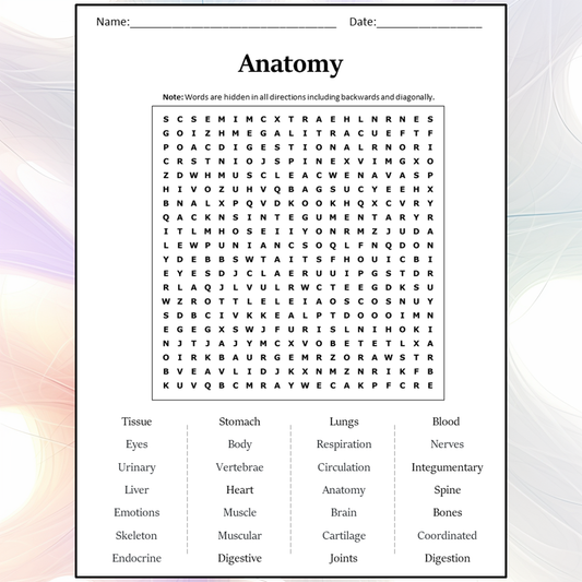 Anatomy Word Search Puzzle Worksheet Activity PDF