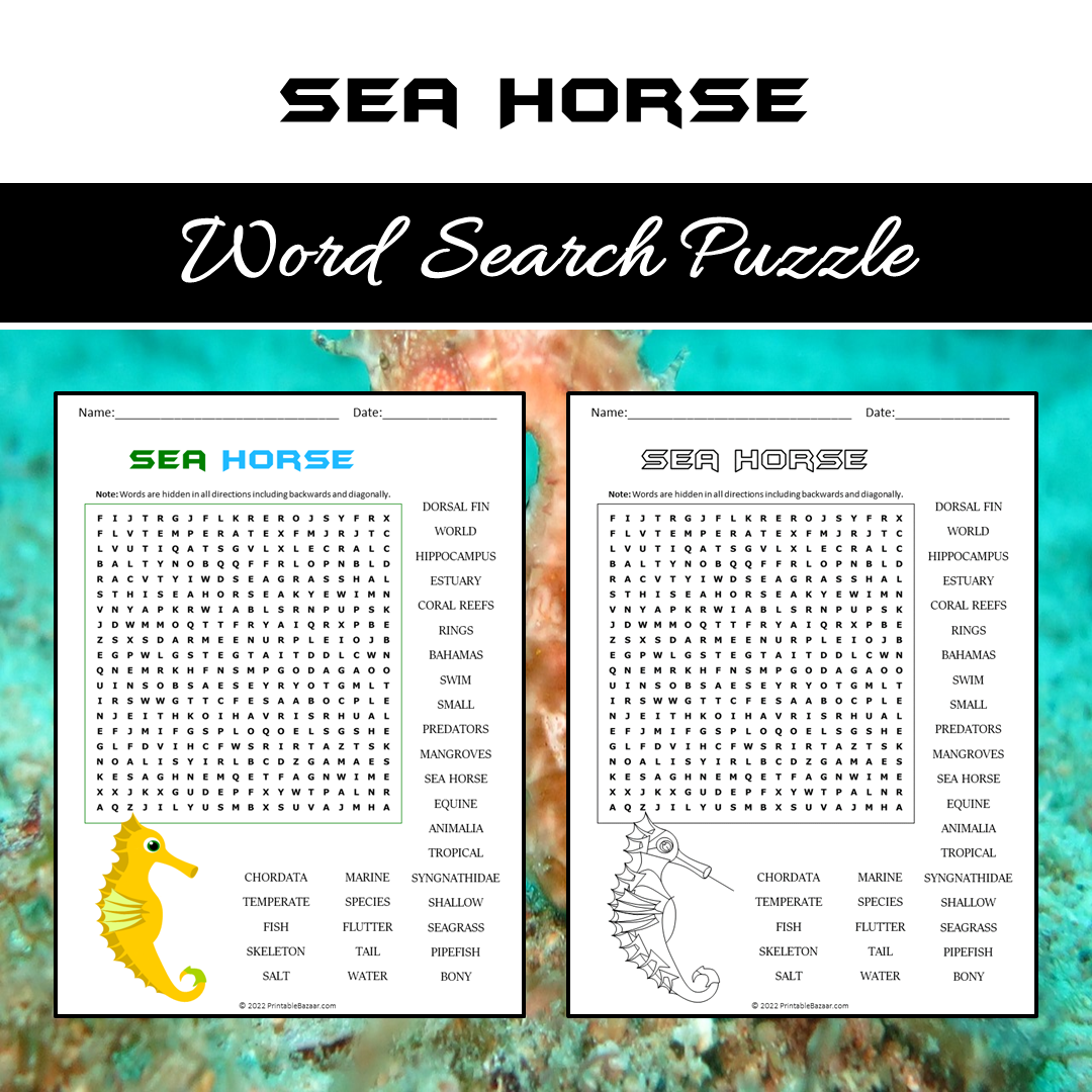 Sea Horse Word Search Puzzle Worksheet PDF