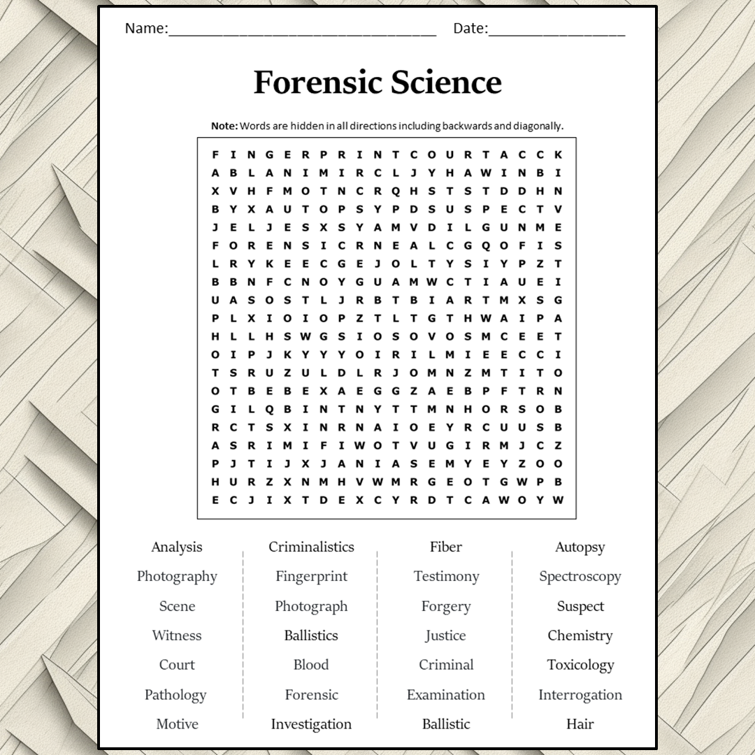 Forensic Science Word Search Puzzle Worksheet Activity PDF